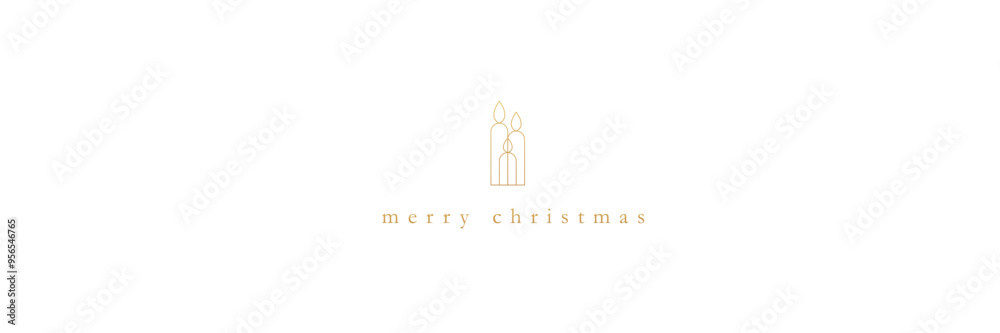Vector illustration. Three golden candles in simple line art style, paired with Merry Christmas in refined typography on white background. Concept of winter holidays celebration. Minimalist design.