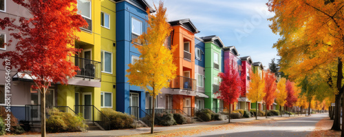 Colored Apartment Buildings in row on sunny street