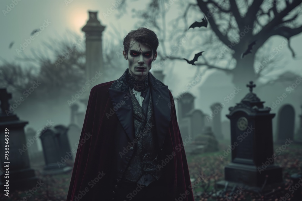 Under the haunting glow of dusk, a striking vampire glides through a fog-covered graveyard, exuding an eerie charm with his porcelain skin and flowing cloak. Shadows dance around him Under the haunting glow of dusk, a striking vampire glides through a fog-covered graveyard, exuding an eerie charm with his porcelain skin and flowing cloak. Shadows dance around him