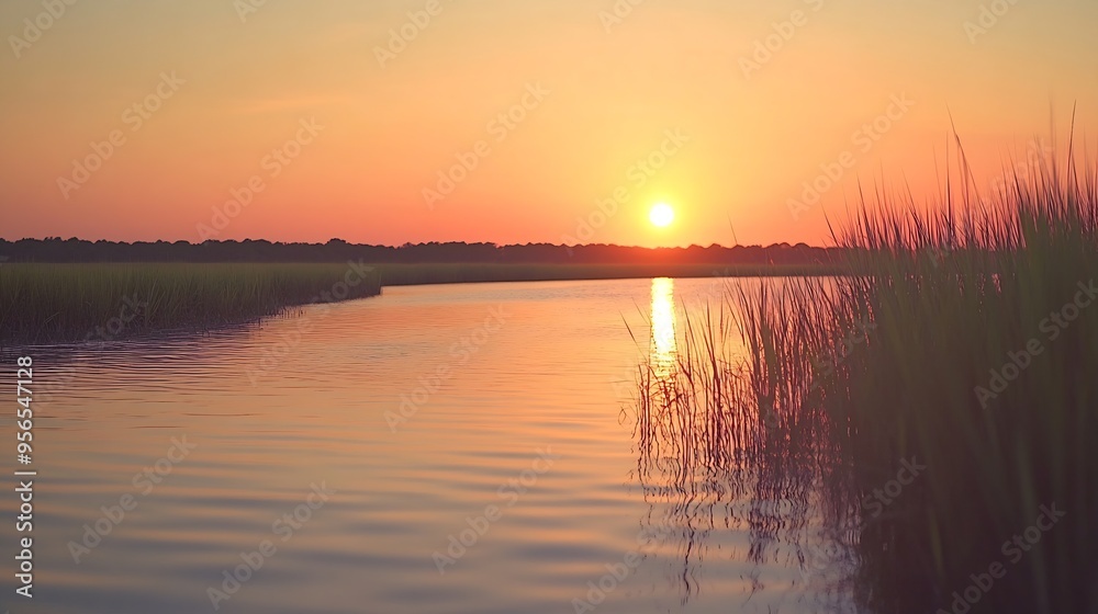 Obraz premium These photos depict sunrise and sunset over the marsh and water in Lowcountry Charleston South Carolina The exact location is Buck Hall Recreational center and Boat Ramp : Generative AI