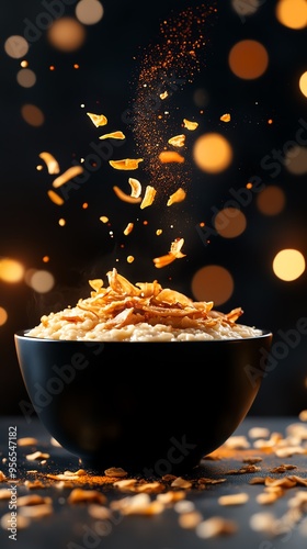 A bowl of Bubur Lambuk, creamy porridge with tender pieces of beef, garnished with fried shallots, crispy anchovies, and fresh coriander, set against a homely kitchen background photo