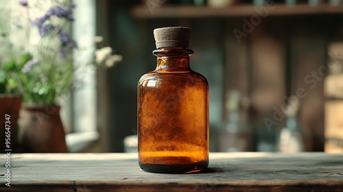 Vintage bottle for medicines or potion on the desk Copy space : Generative AI