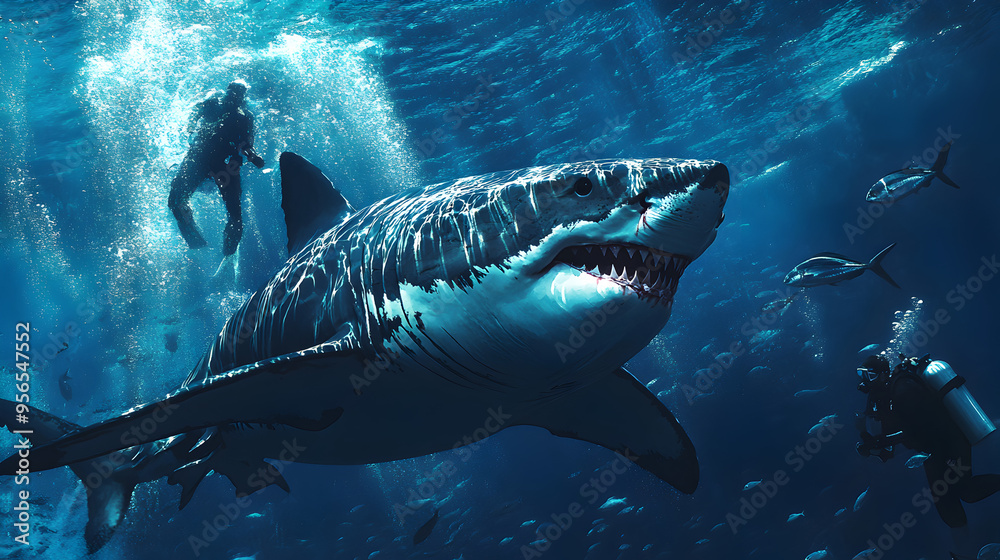 Fototapeta premium A dramatic encounter between a great white shark and a diver, with the shark’s powerful body cutting through the water as the diver tries to remain calm and still, surrounded by schools of fish.