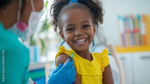smiling Black girl in a yellow shirt during a health checkup, receiving an injection with a nurse administering the shot, capturing a joyful and comforting moment during a medical procedure