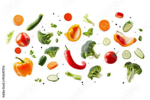 Various of mix salad vegetables falling in the air with carrot, broccoli, bell pepper and cucumber isolated on background, healthy food full of vitamin and fiber.