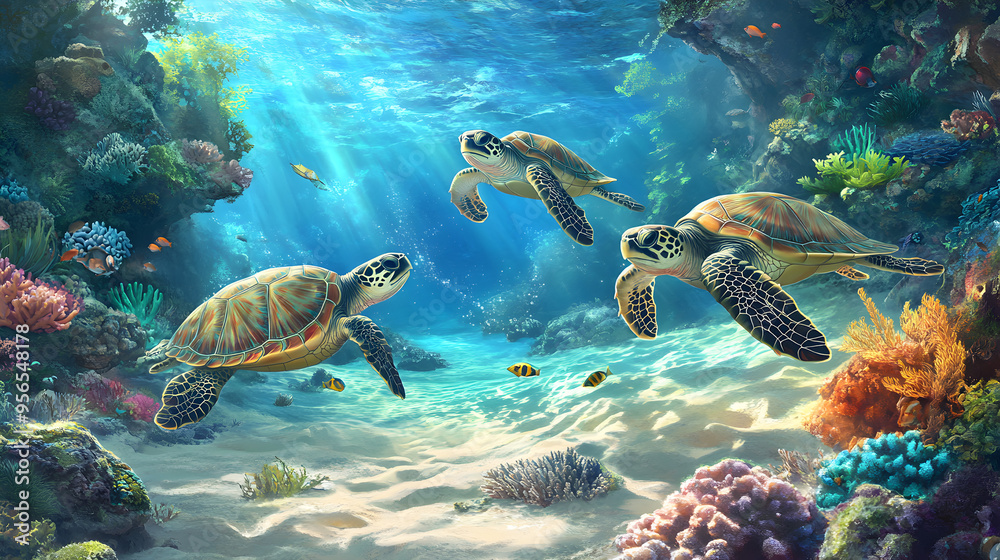A group of sea turtles hatching on a sandy beach and making their way into the ocean, where they are greeted by a lush, vibrant underwater world filled with coral and colorful fish.
A group of sea turtles hatching on a sandy beach and making their way into the ocean, where they are greeted by a lush, vibrant underwater world filled with coral and colorful fish.