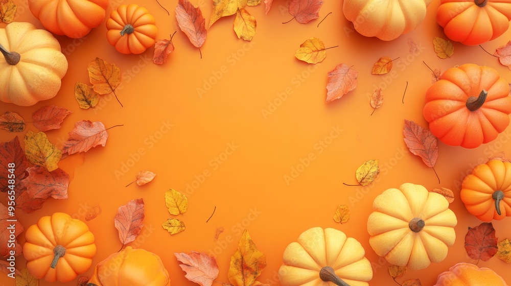 Fototapeta premium Top View of Pumpkins and Leaves on a Bright Orange Background