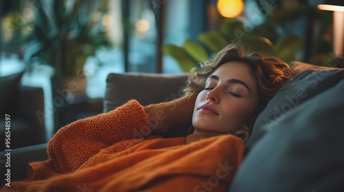 Woman resting in the living room of her house until its time to go to the airport Woman resting on the sofa waiting for her flight time Woman on vacation has just arrived at the hotel : Generative AI