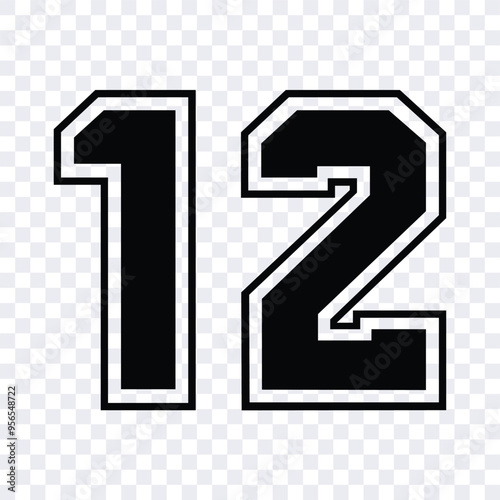 Create numerical outlines for cutting or printing purposes. Vector design of a black sports jersey featuring the number 12, presented as an isolated template.