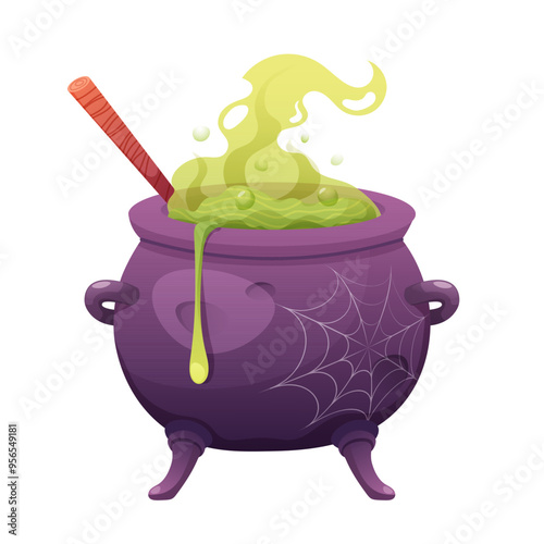 Witch's cauldron with poisonous green potion. Gurgling liquid in pot. Vector illustration on white background