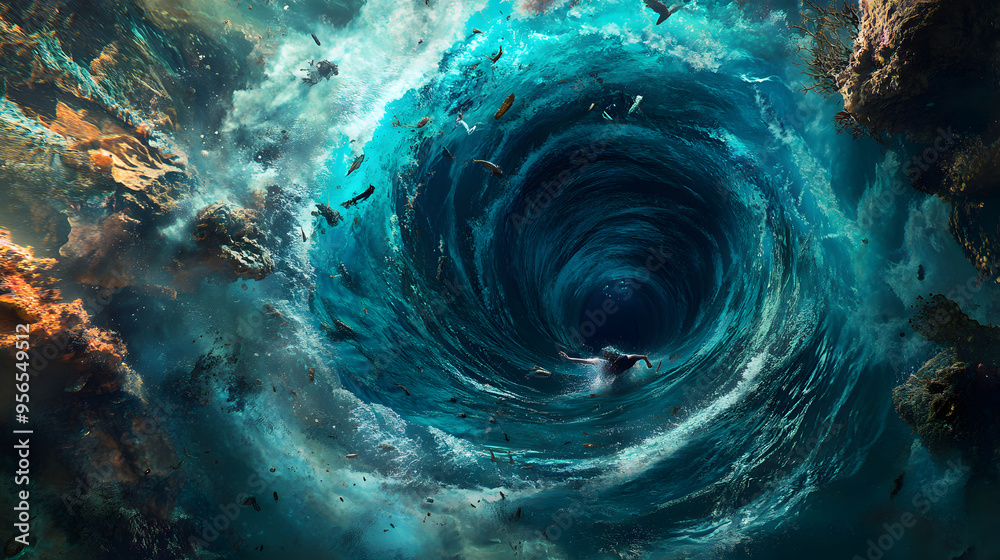 A swirling vortex of water, created by a powerful undersea current, pulling debris and marine life into its depths, with a diver struggling to escape the relentless pull of the whirlpool.
A swirling vortex of water, created by a powerful undersea current, pulling debris and marine life into its depths, with a diver struggling to escape the relentless pull of the whirlpool.