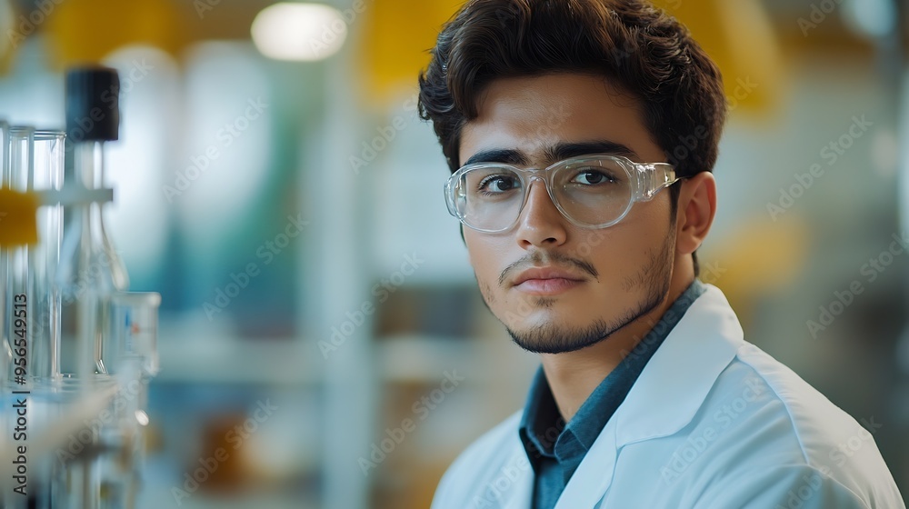 Young hispanic man scientist speaking at laboratory : Generative AI Young hispanic man scientist speaking at laboratory : Generative AI