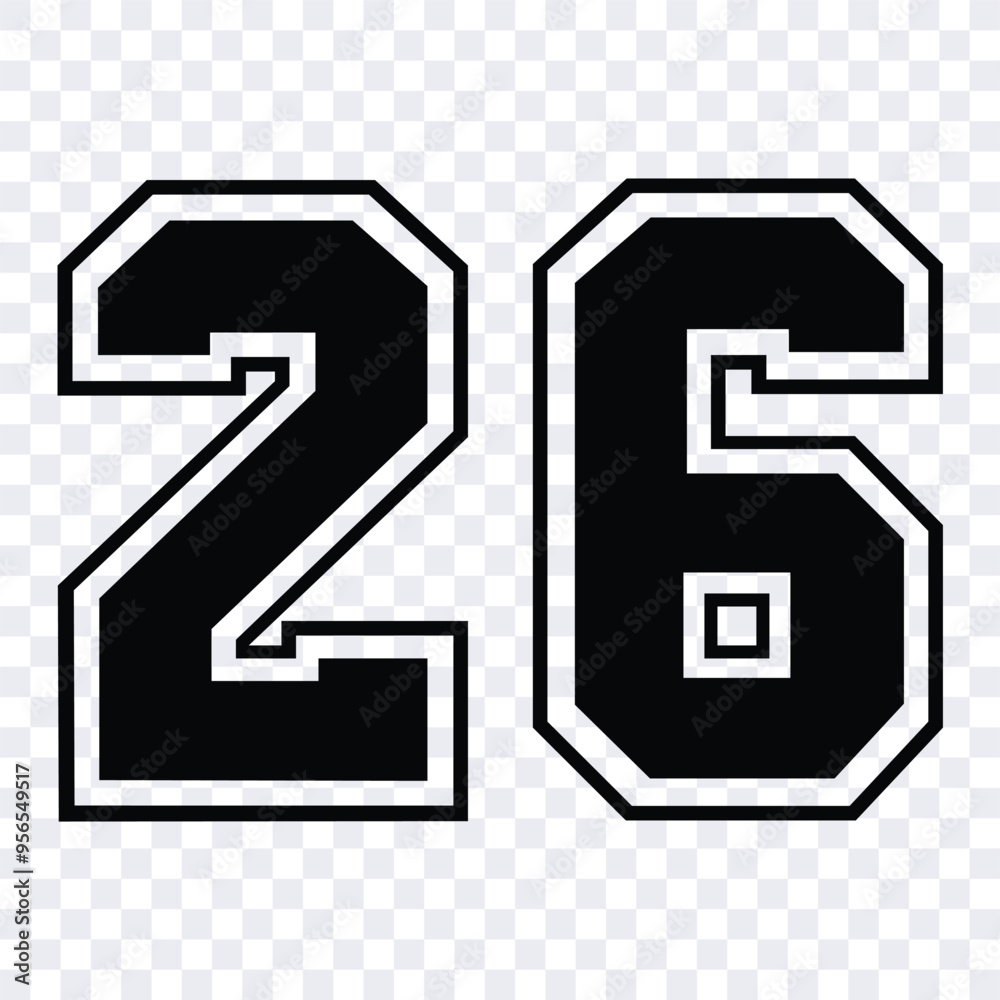 Sketch numbers for cutting or print.
Sport jersey number 26 vector black color template isolated. Sketch numbers for cutting or print.
Sport jersey number 26 vector black color template isolated.