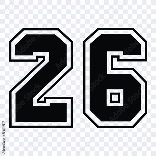 Sketch numbers for cutting or print.
Sport jersey number 26 vector black color template isolated.