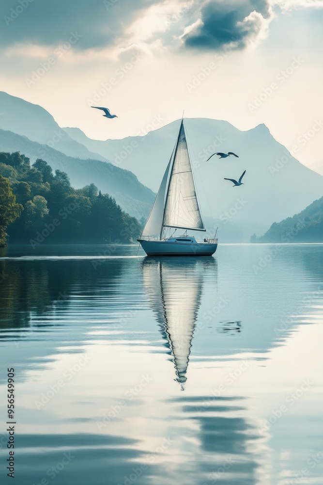 Obraz premium a sailboat gliding smoothly across a calm lake with a few seagulls flying overhead
