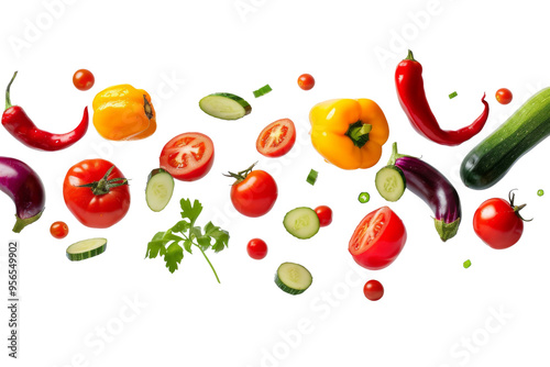 Fresh different of vegetables group falling in the air with tomato, cucumber, chili and other isolated on background, soup ingredient for cooking.