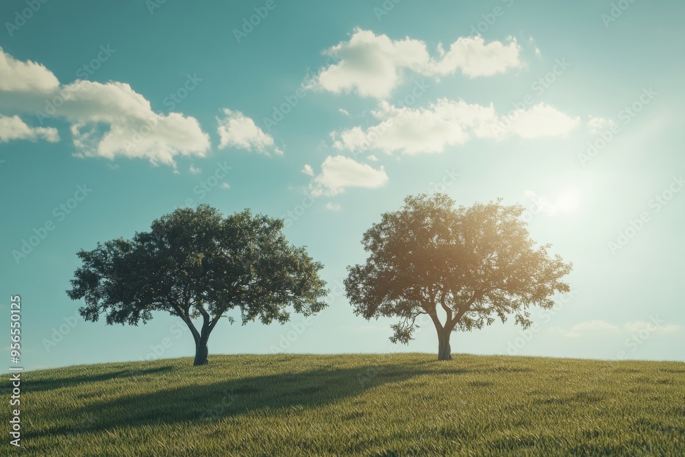 a serene landscape with a few trees swaying gently in the breeze and a sunny sky above a serene landscape with a few trees swaying gently in the breeze and a sunny sky above