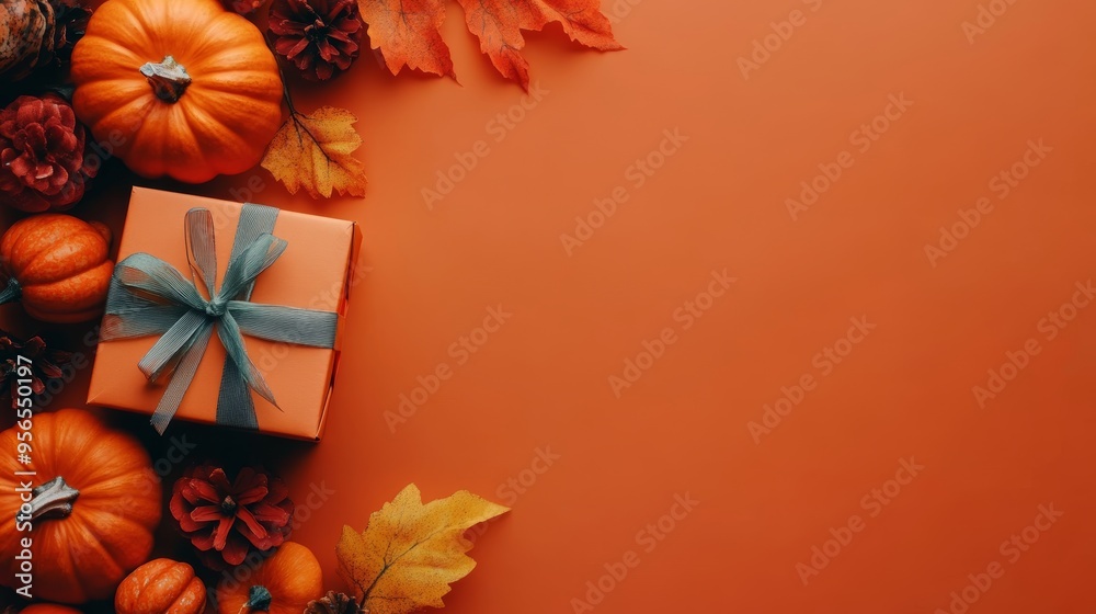 Pumpkins and Gift: Top View of a Festive Autumn Scene on an Orange Background