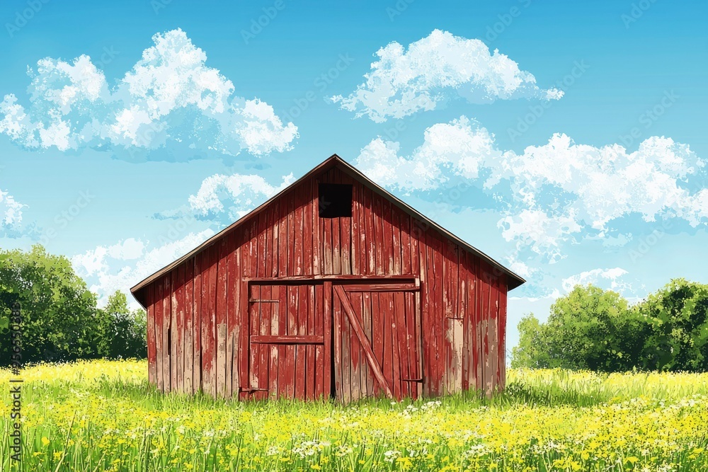Obraz premium A Rustic Red Barn Against a Blue Sky with White Clouds
