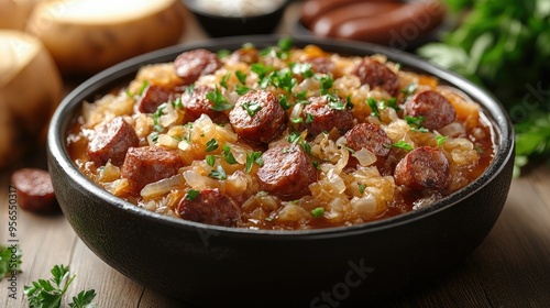 Polish bigos with sauerkraut and sausage on a white background