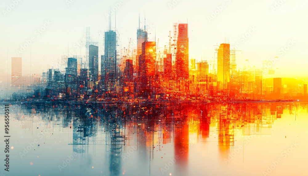Fototapeta premium Digital illustration of a vibrant city skyline with a double exposure effect, ideal for business presentations, architecture firms, and engineering projects with copy space.
