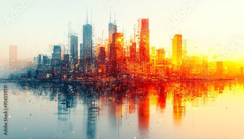 Digital illustration of a vibrant city skyline with a double exposure effect, ideal for business presentations, architecture firms, and engineering projects with copy space.