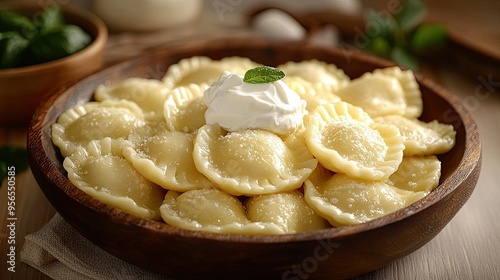 Polish pierogi dumplings with sour cream on a white background