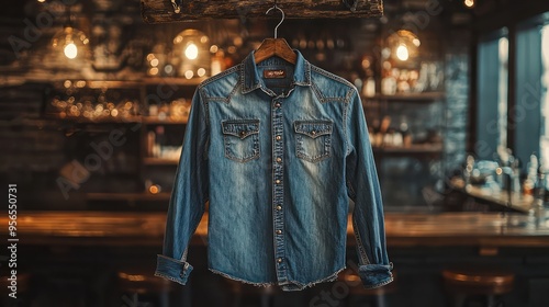 Denim shirt hanging rustic wooden hanger industrial background warm lighting rich fabric details vintage style