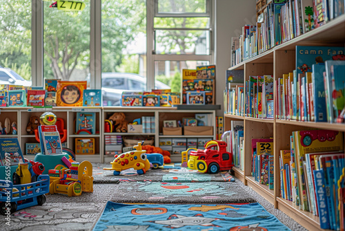 A tidy and well-arranged area filled with kids' toys and books  photo