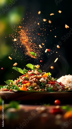 A rustic serving of Larb Moo, spicy minced pork salad, garnished with fresh mint, chili, and roasted rice powder, presented on a banana leaflined plate with a side of sticky rice photo