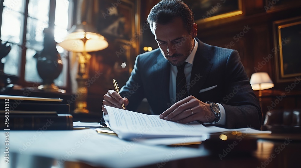 Male lawyer working with legal case document contract in office law and justice attorney lawsuit concept : Generative AI Male lawyer working with legal case document contract in office law and justice attorney lawsuit concept : Generative AI