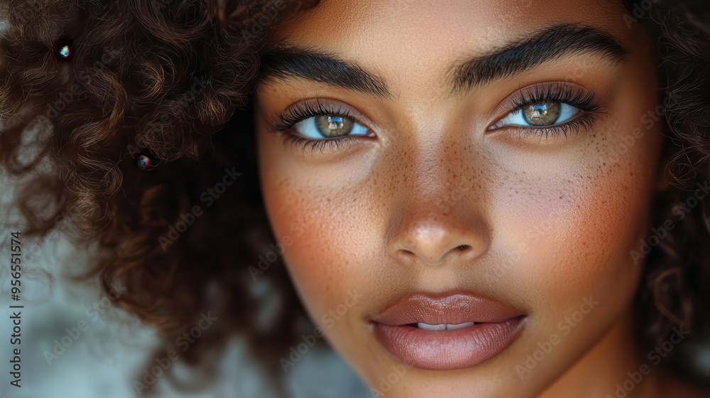 closeup beauty portrait of a black woman with radiant skin natural curls and a serene expression set against a soft gray backdrop closeup beauty portrait of a black woman with radiant skin natural curls and a serene expression set against a soft gray backdrop