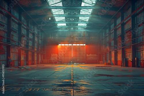 A digitally created, dimly lit warehouse with an absence of objects, featuring a three-dimensional design  photo