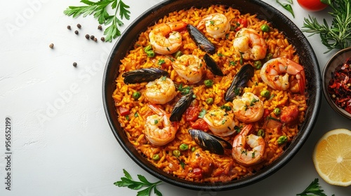 Spanish paella with saffron rice and seafood on a white background