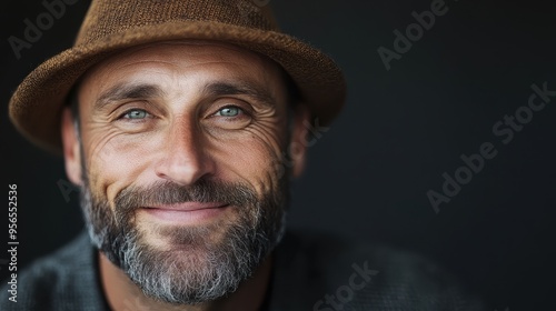 Portrait of a smiling middle-aged man with a grey beard, wearing a brown hat and exuding warmth and friendliness against a dark background, showcasing his expressive eyes.