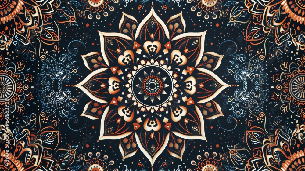A detailed mandala pattern with intricate designs in orange, white, and blue on a black background. A detailed mandala pattern with intricate designs in orange, white, and blue on a black background.
