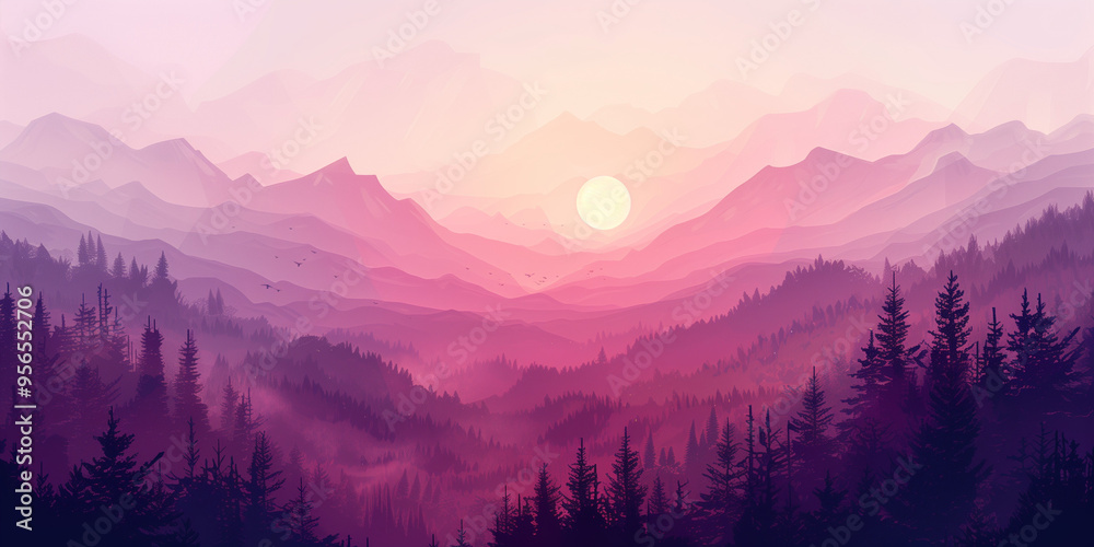 Obraz premium Pink and purple sunset over mountain ridges with a tranquil and serene atmosphere.