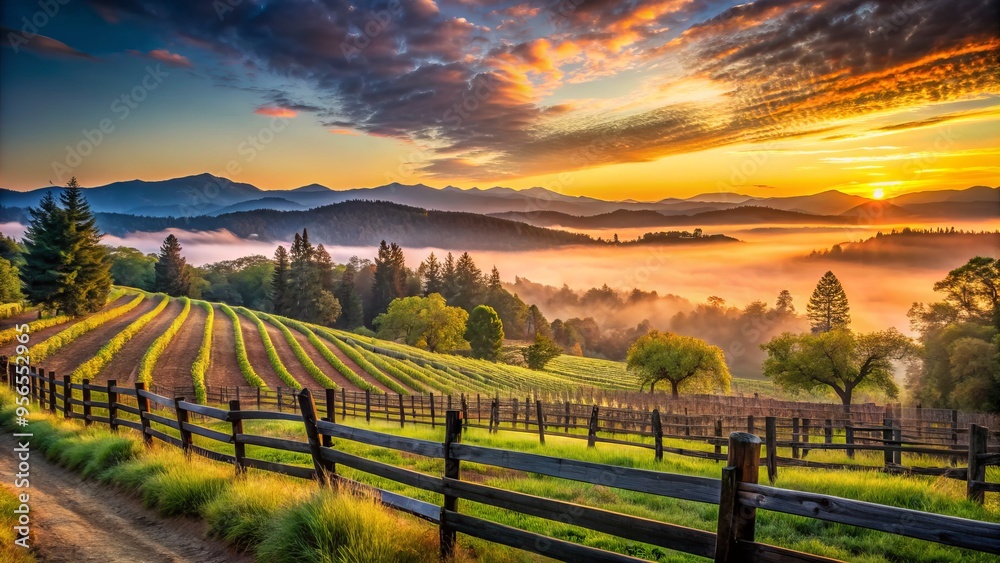 Serene sunset over rolling hills and vineyards in El Dorado County, California, with a rustic wooden fence and misty mountains in the distance.