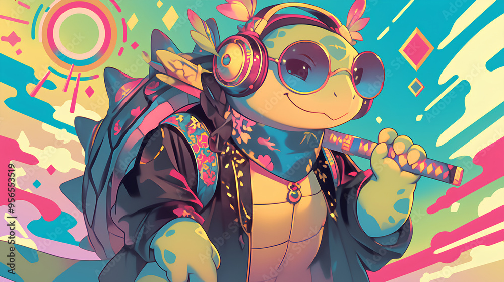 Cute turtle wearing Japanese samurai armor, cool poses, cute kawaii, simple, smiling happy. neon psychedelic background