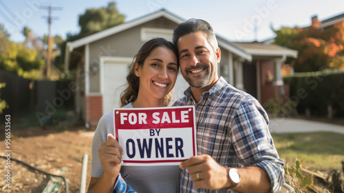 Homeowners gleefully posing with a for sale by owner sign in front of their home photo