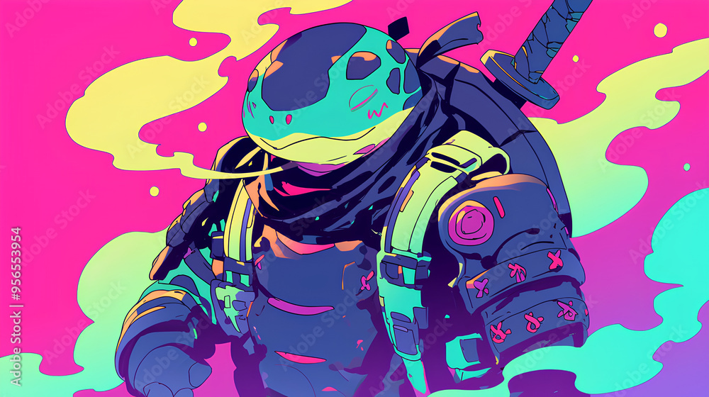 Cute turtle wearing Japanese samurai armor, cool poses, cute kawaii, simple, smiling happy. neon psychedelic background