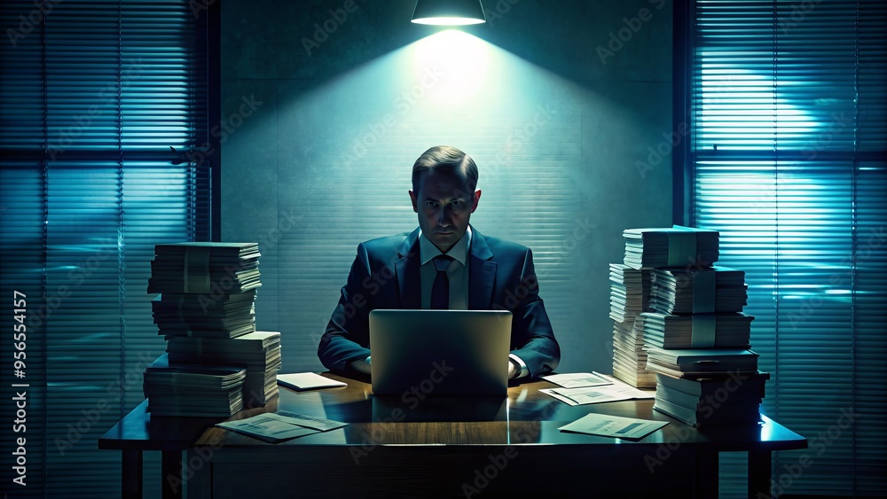 Shadowy figure in a dimly lit room counting stacks of cash, surrounded ...