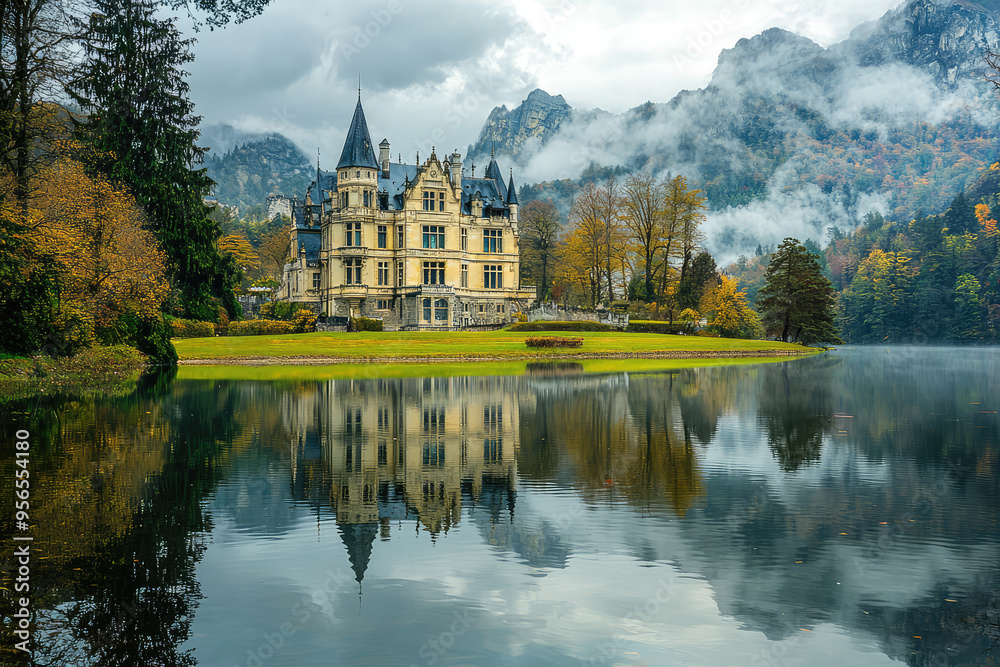 A Majestic Castle Reflects in Tranquil Waters, Nestled Amidst Misty Mountains and Autumnal Foliage. A Majestic Castle Reflects in Tranquil Waters, Nestled Amidst Misty Mountains and Autumnal Foliage.