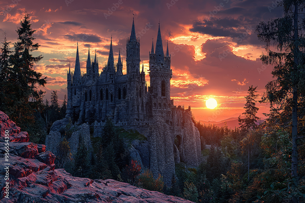 Naklejka premium A Majestic Stone Castle Perched on a Clifftop, Silhouetted Against a Vibrant Sunset Sky, with Lush Forest and Mountain Ranges in the Distance