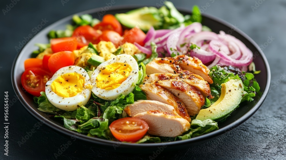 Healthy cobb salad with chicken, avocado, tomato, red onions and eggs. American food. Healthy cobb salad with chicken, avocado, tomato, red onions and eggs. American food.