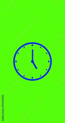 Animation time lapse of a clock. Blue clock hands on green clock face. Time pointer ticks in 12 hour time loop. Concept Wall clock on green background with copy space. Countdown the day. Vertical