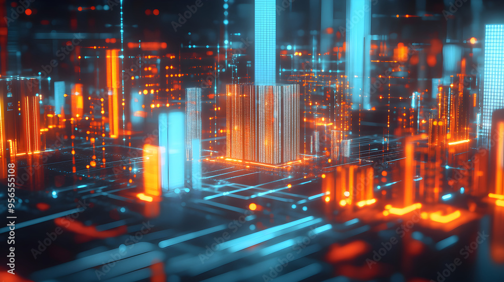 A business concept featuring a 3D illustration of a futuristic cityscape illuminated by vibrant orange and blue lights showcasing advanced technology and innovation A business concept featuring a 3D illustration of a futuristic cityscape illuminated by vibrant orange and blue lights showcasing advanced technology and innovation