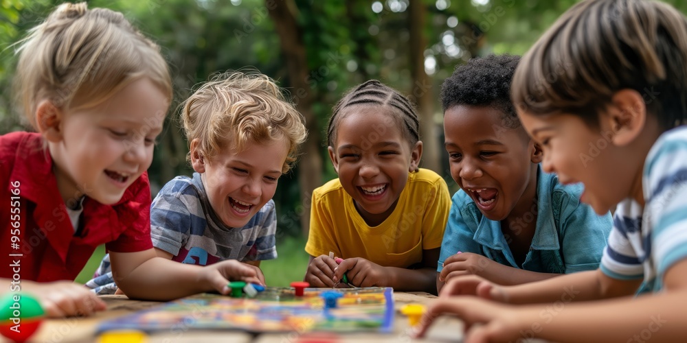 A group of children joyfully engage in a board game outdoors in a garden setting, reflecting the essence of youthful companionship, laughter, and interactive fun. A group of children joyfully engage in a board game outdoors in a garden setting, reflecting the essence of youthful companionship, laughter, and interactive fun.