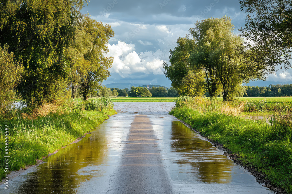 A Country Road Disappears Under Floodwaters, Leading to an Uncertain Destination. A Country Road Disappears Under Floodwaters, Leading to an Uncertain Destination.