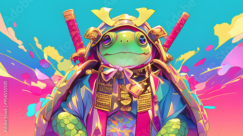 Cute turtle wearing Japanese samurai armor, cool poses, cute kawaii, simple, smiling happy. neon psychedelic background photo